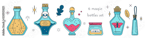 Isolated vector set of bottles with potions. Magic tinctures in variety glass flasks and jars collection. Workshop of witch in modern flat style. Bright blue, pink and gold palette