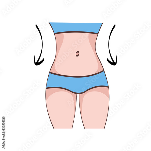Slim female body shape vector illustration isolated on white background. Slim belly with arrows as concept for slim down procedures, exercises, healthy foods. Lose weight & get toned idea design.