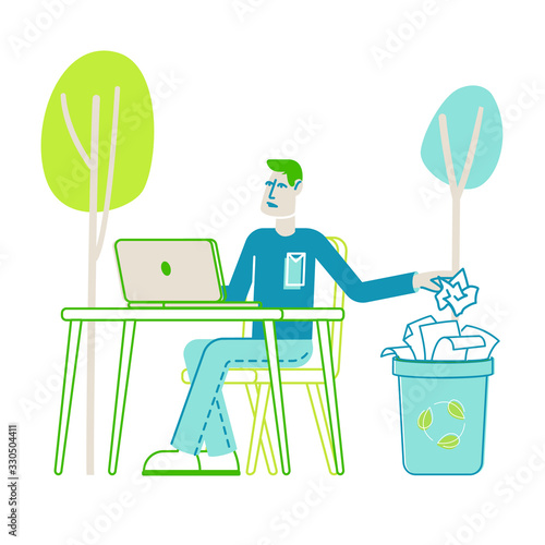 Save Paper and Stop Trees Cutting Concept. Businessman Character Sitting at Office Desk Throw Crumpled Paper Sheets to Litter Bin. Stop Forest Felling, Deforestation. Linear Vector Illustration