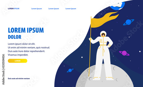 Space Tourism Website Homepage Vector Template. Female Astronaut in Spacesuit Cartoon Character. Space Exploration, Astronomy Science. Cosmic Program Flat Landing Page Concept with Text Space