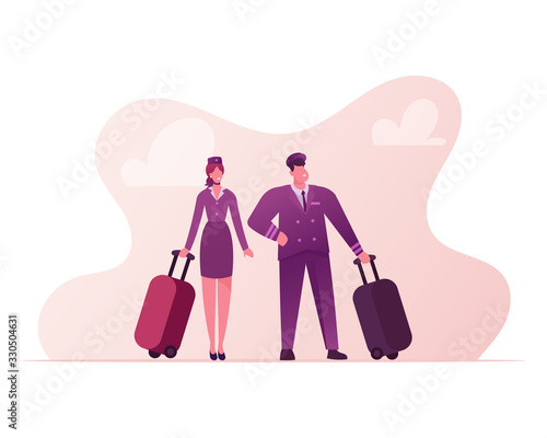 Aviation Insurance Concept. Pilot and Stewardess Characters with Luggage Prepare Flying on Airplane. Air Travel Protection Guarantee  Aircraft Crew Profession. Cartoon People Vector Illustration