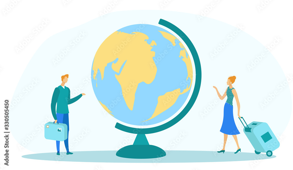 People Standing near Huge Globe Earth with Luggage and Case Flat Cartoon  Vector Illustration. Travel Concept. Tourists Traveling around World. Woman  and Man Having Trip. Travel Agency. Stock Vector | Adobe Stock