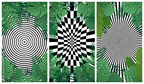 Abstract hypnotic background of optical illusion with exotic tropical leaves, vector illustration