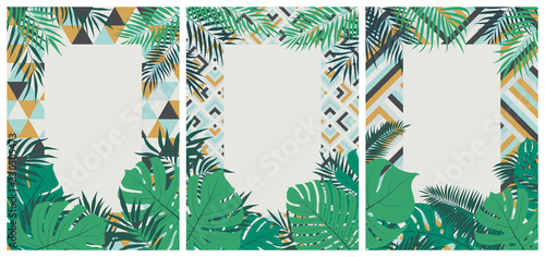 Creative set of brochures with tropical leaves on a colored geometric background with place for text, posters and wedding invitations, vector