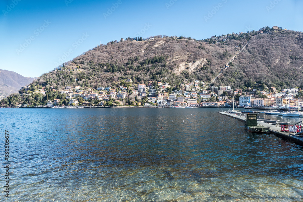 Lake front of Como with funicular to Brunate