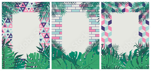 Creative set of brochures with tropical leaves on a colored geometric background with place for text, vector greeting and invitation cards