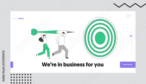 Aim Challenge, Task Solution, Strategy Goals Landing Page Template. Business People Mission Achievement and Corporate Competition. Business Characters Throw Darts to Target. Linear Vector Illustration