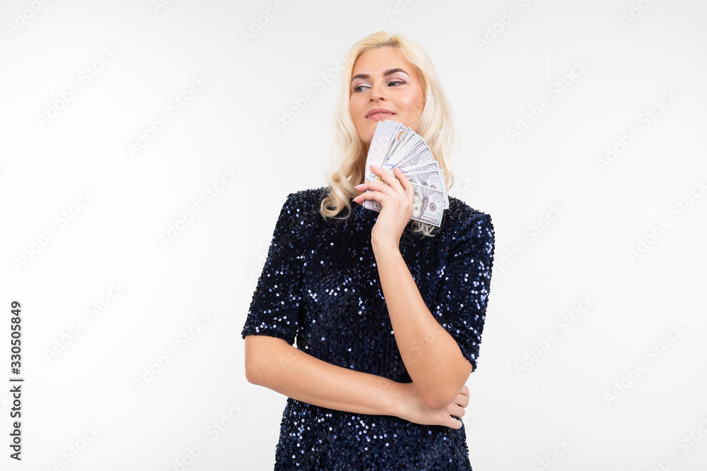 successful business woman with money in hands on a white background successful business woman with money in hands on a white background