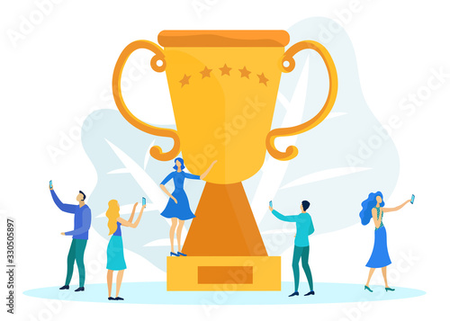 Office Workers Celebrating Gold Trophy Flat Cartoon Vector illustration. People Getting Cup, Teamwork in Company. Woman Standing on Award and Taking Photos. Victory in Competition.