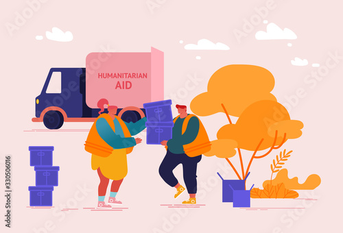 Volunteers Team Unload Help Boxes for Refugees near Humanitarian Aid Van. Material Assistance, Distribution of Food and Basic Necessities to People, Governmental Help. Cartoon Vector Illustration