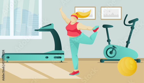 Cartoon Oversize Woman Character Doing Workout Exercising before Training on Spots Machines. Stretching Warm-up. Flat Gym Studio Interior with Stationary Bike and Running Track. Vector Illustration