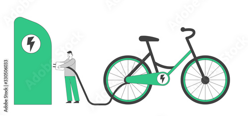 Male Character Pull Huge Plug to Charge E-bicycle. People Using Eco Transport with Electricity Power Concept. Environment Ecology Protection, Electro Car, Green Technology. Linear Vector Illustration
