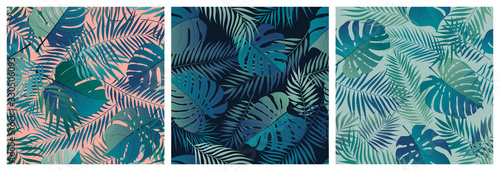 Set of seamless patterns with exotic green monstera leaves and palm branches, summer tropical backgrounds