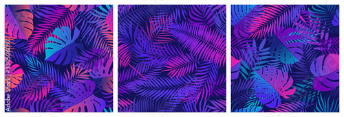 Set of seamless patterns with tropical exotic leaves and plants, vector set in ultraviolet shades, with neon reflections of pink and blue colors