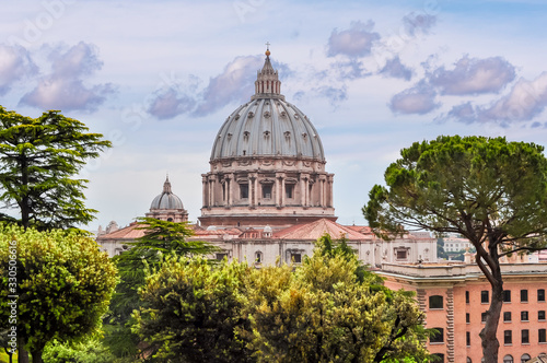 St. Peter's Basilica dome and Vatican gardens, center of Rome, Italy
