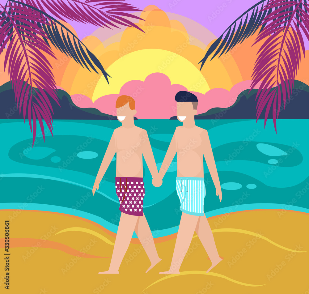 Two Happy Smiling Homosexual Boys in Swimming Suits Walking on Beach. Male Characters Holding Hands and Having Rest at Seaside. Gay Couple on Dating. Flat Cartoon Sunset. Vector Nature Illustration