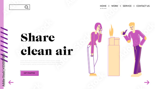 Smoking Addiction Landing Page Template. Man and Woman Characters Light Cigarette from Huge Burning Lighter Getting Pleasure. People Getting Smoke Harm and Health Problem. Linear Vector Illustration