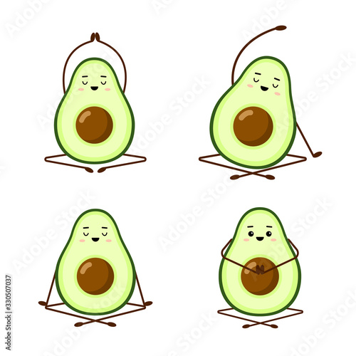 Avocado yoga. Set of cute avocado characters on white background. Yoga for pregnant women. Morning exercises for children. Funny illustration for greeting cards, stickers, fabric, websites and prints.