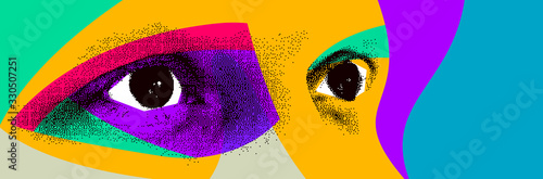 Looking eyes 8 bit dotted design style vector abstraction, human face stylized design element, with colorful splats.