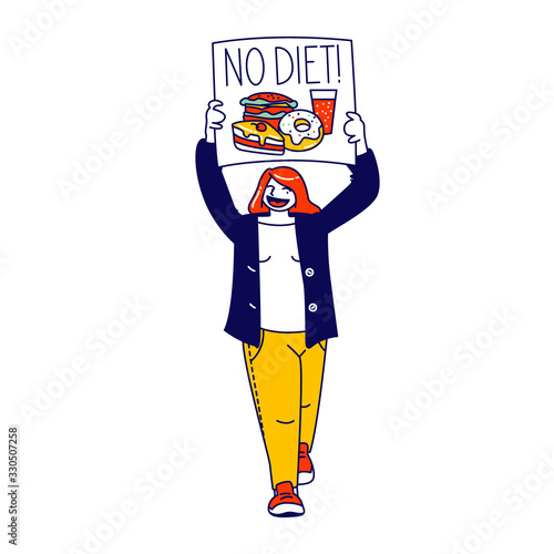 Happy Woman Holding Placard with No Diet Typography and Fast Food Meals Burger, Donut, Soda Drink. International Day, Holiday of Unhealthy Eating, People Choose Fastfood. Linear Vector Illustration