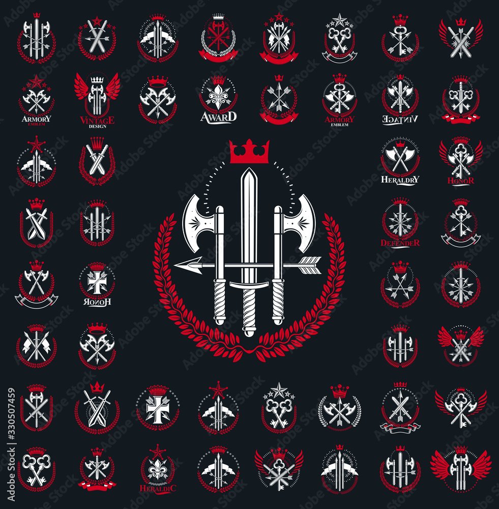 Weapon logos big vector set, vintage heraldic military emblems