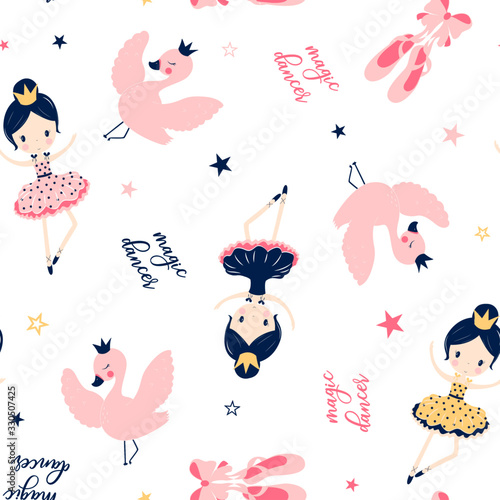 Ballerina, swan and shoes hand drawing vector illustration.