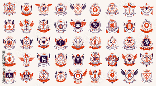 Heraldic Coat of Arms vector big set, vintage antique heraldic badges and awards collection, symbols in classic style design elements, family or business logos.