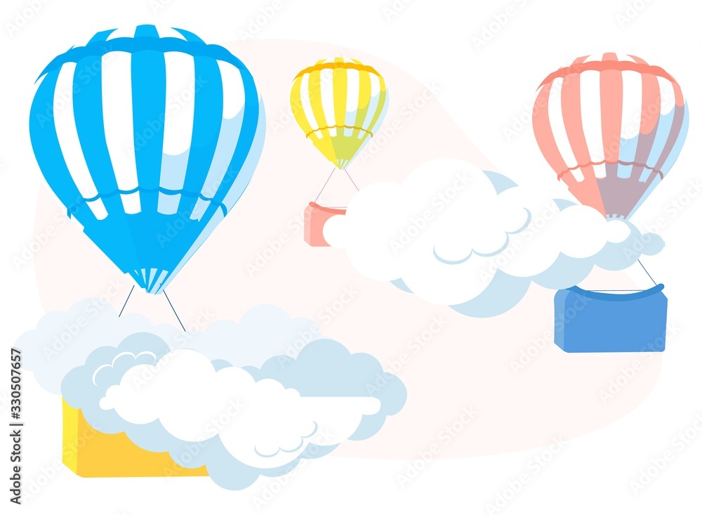 Fototapeta premium Flat Romantic Scene with Cartoon Air Hot Balloons or Aerostat Floating in Cloudy Sky. Love, Dream and Romance Set. Valentines Day, Wedding, Engagement Holiday Card. Invitation Vector Illustration