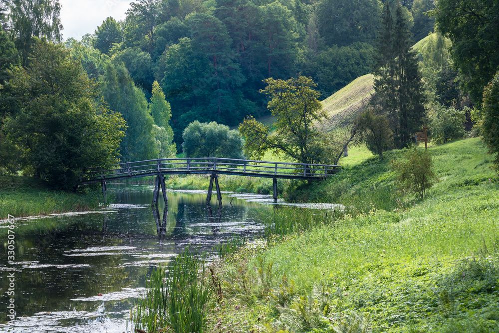Lightweight wooden bridge for pedestrians across a small river. Green nature landscape in summer.