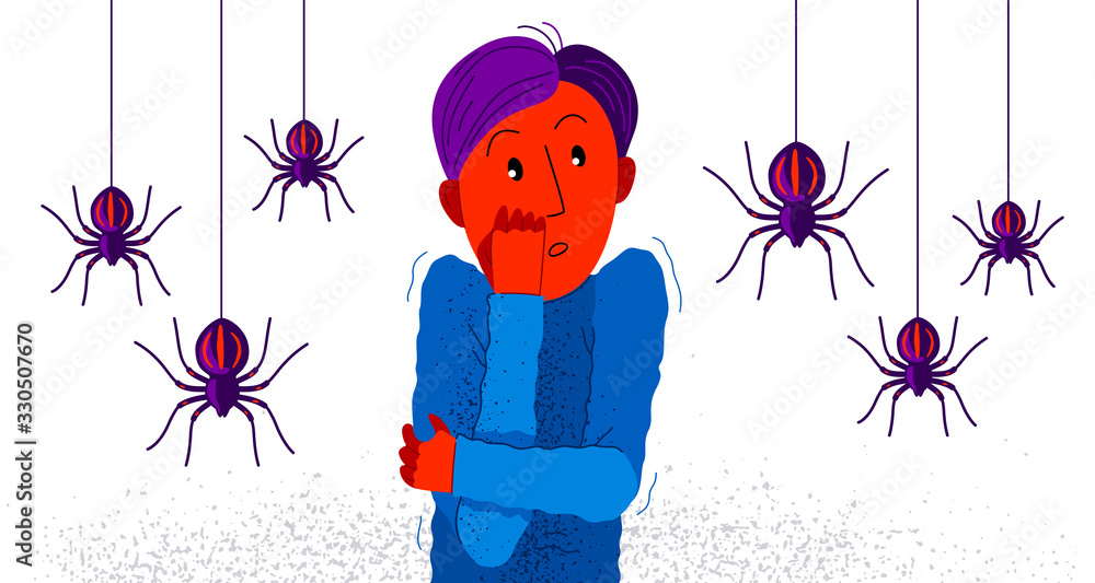 Arachnophobia fear of spiders vector illustration, boy surrounded by ...