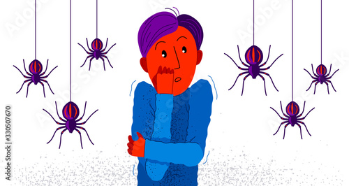 Arachnophobia fear of spiders vector illustration, boy surrounded by spiders scared in panic attack, psychology mental health concept.