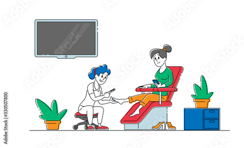 Woman Character Visiting Pedicure Salon for Applying Beauty Procedure. Master Polishing and Care for Nails to Client Girl Sitting in Comfortable Transforming Chair. Linear People Vector Illustration