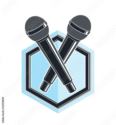 Two microphones vector logo or emblem isolated on white, MC rapper or rap battle concept, stand up comic or radio, blogger.