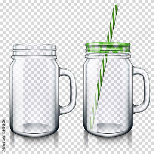 Transparent Mason Jar drinking glass with a handle and lid, isolated.