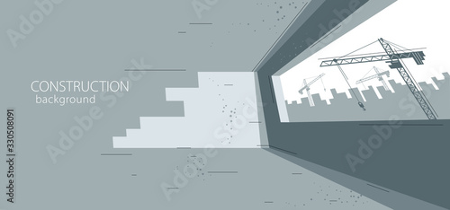 Construction vector illustration, unfinished building interior in progress and cranes beyond the window builds skyscrapers, rising city, industry.