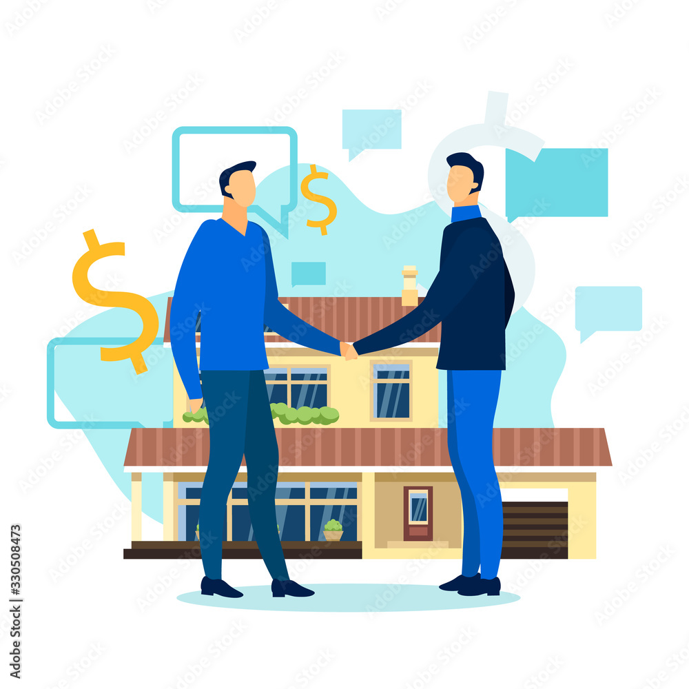 Fototapeta premium Men Shake Hand. Make Successful Deal. Mens Handshake. Business Meeting. Vector Illustration. Teamwork. Business Partnership. Buying Home. Man on Background House. Conclude an Agreement.