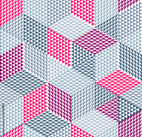 Geometric 3D seamless pattern with cubes, rhombus and triangles boxes blocks vector background, architecture and construction, wallpaper design.