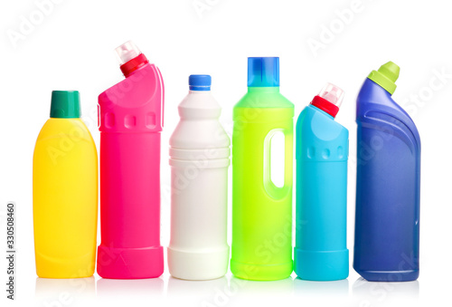 Set of cleaning product containers for house clean isolated on white background