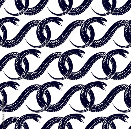 Repeat snakes seamless vector pattern, tiling endless background with venom reptiles in vintage style, subculture rock n roll and hard rock theme.