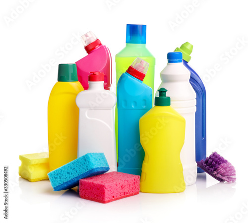 Cleaning product containers for house clean isolated on white background