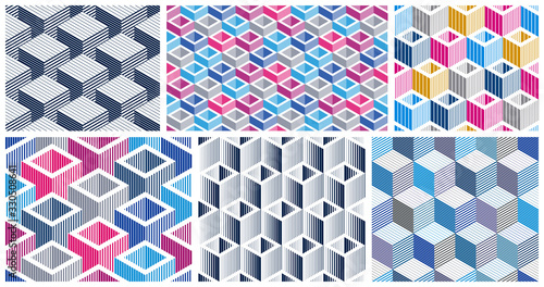 Geometric 3D seamless patterns with lined cubes, stripy boxes blocks vector backgrounds set, architecture and construction, wallpaper designs.