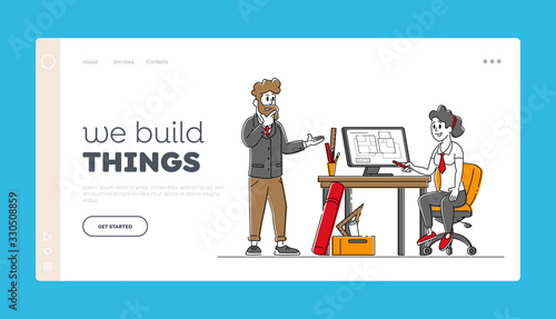 Architects Characters Working in Office on Building Plan Landing Page Template. Designers Create House Project in Design Studio or Engineer Room, Artist Workspace. Linear People Vector Illustration
