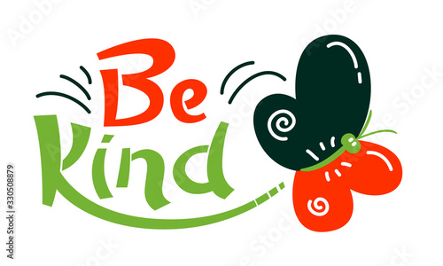 Be Kind Banner with Typography in Red, Black and Green Colors. Graphic Element Isolated on White Background. Motivation Icon, Aspirational Quote Print, Good Vibes Wish, Cartoon Vector Illustration
