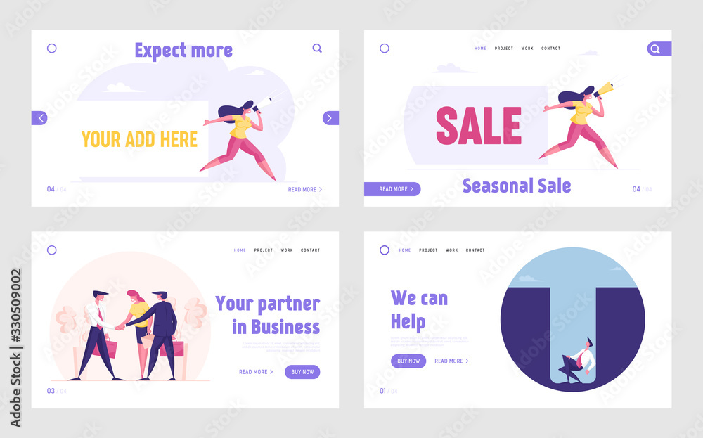 Pr Agency Advertising Alert, Teamwork and Finance Problems Landing Page Template Set. Woman with Ad Banner, Man Sit in Hole, Male Female Characters Business Team. Cartoon People Vector Illustration