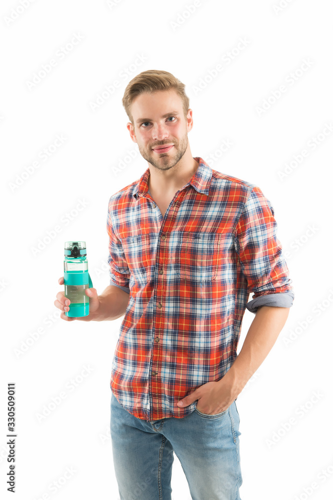 Stop your thirst. Thirsty guy hold water bottle isolated on white. Handsome man feel thirsty. Thirst and dehydration. Thirst control. Fluid intake. Drinking water. Stay hydrated and prevent thirst Stop your thirst. Thirsty guy hold water bottle isolated on white. Handsome man feel thirsty. Thirst and dehydration. Thirst control. Fluid intake. Drinking water. Stay hydrated and prevent thirst
