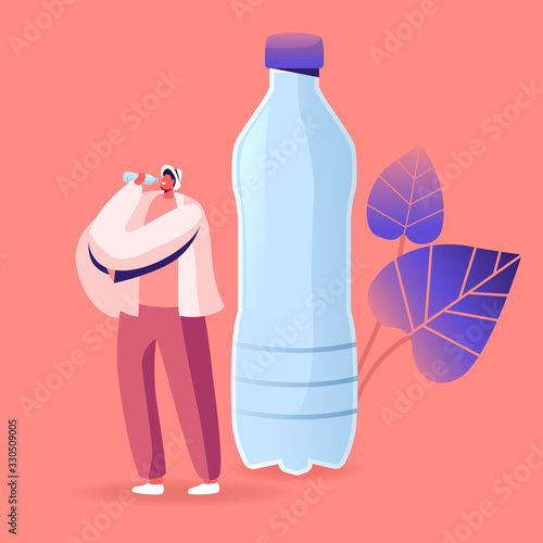 Tiny Male Character Drinking Bottle Water with Microplastic Pieces. Ecological Earth Nature Pollution, Micro Plastic Contamination, Planet Eco System Environment Concept. Cartoon Vector Illustration