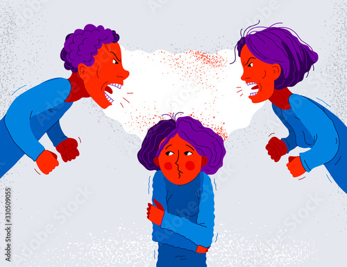 Quarrel between parents make child suffer, little scared girl daughter is a victim because of her father and mother aggressively arguing, vector illustration, domestic violence and abuse.