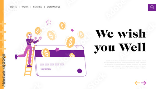 Discount and Loyalty Program Customer Service Landing Page Template. Woman Character Stand on Ladder Put Golden Coins to Plastic Card. Rewards Points and Bonus System. Linear Vector Illustration