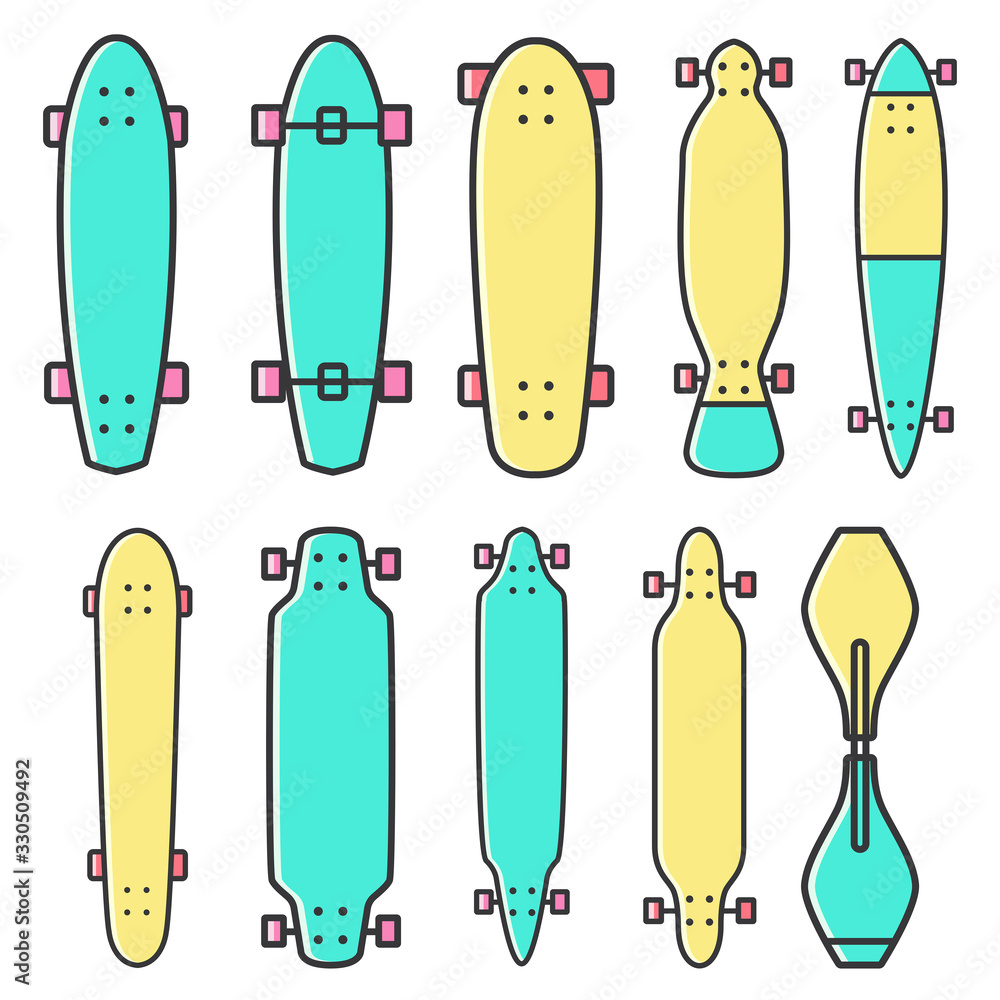 Set of skateboard flat color line icons on white isolated background.  Pintale, cruiser, twin tip, longboard, boardwalking, long distance boards  in thin linear design. vector de Stock | Adobe Stock