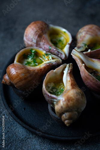 Giant snails escargots baked with butter, garlic and parsley photo